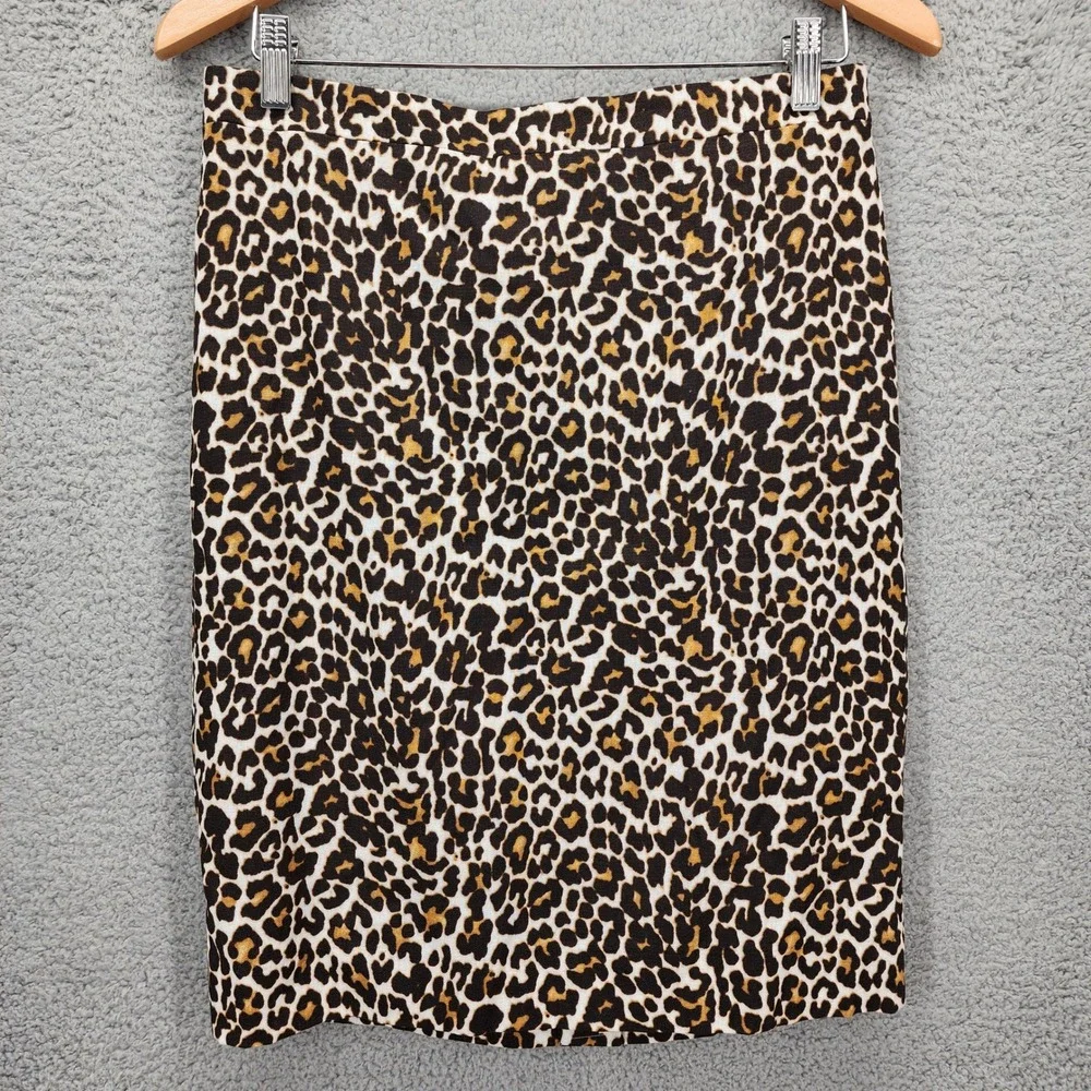 J Crew Pencil Skirt Leopard Print Linen Blend Women Size 4 Knee‎ Length